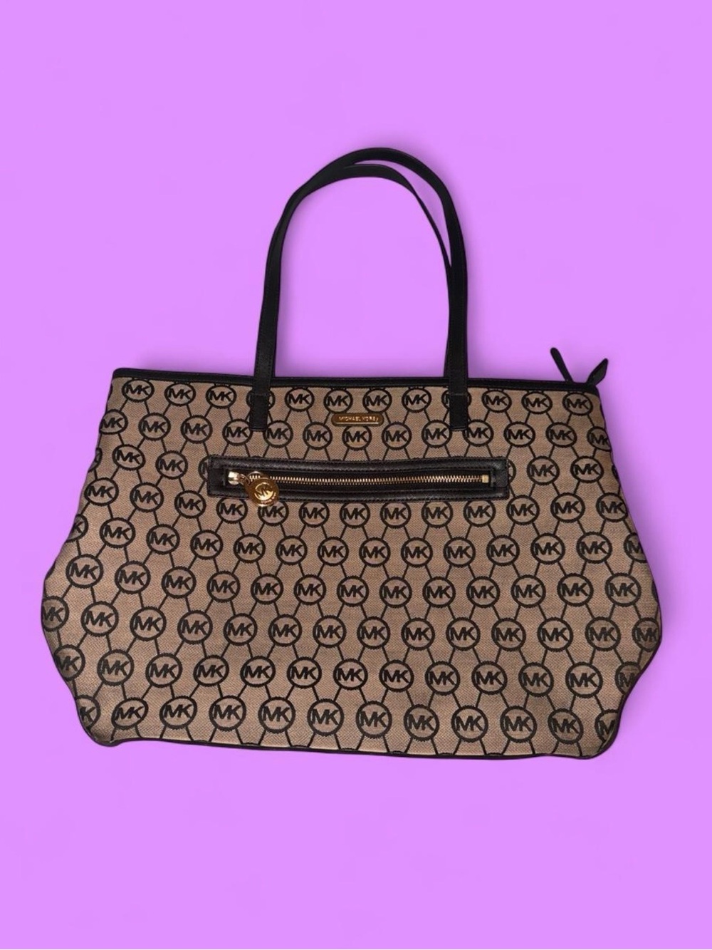 Michael Kors Brown Logo Tote with Black Trim and Gold Hardware